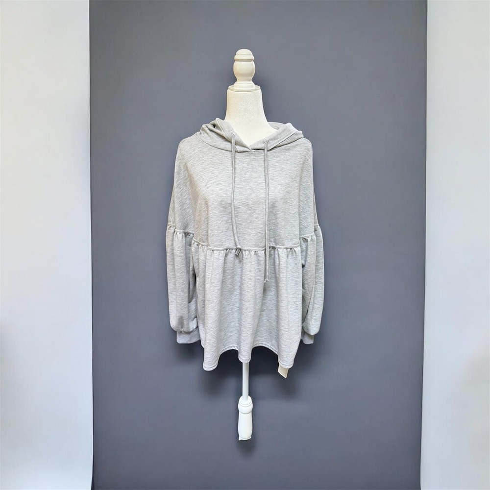 Oversized Peplum Hoodie Light Grey NWT Babydoll Ruffle Sweatshirt Pullover Comfy